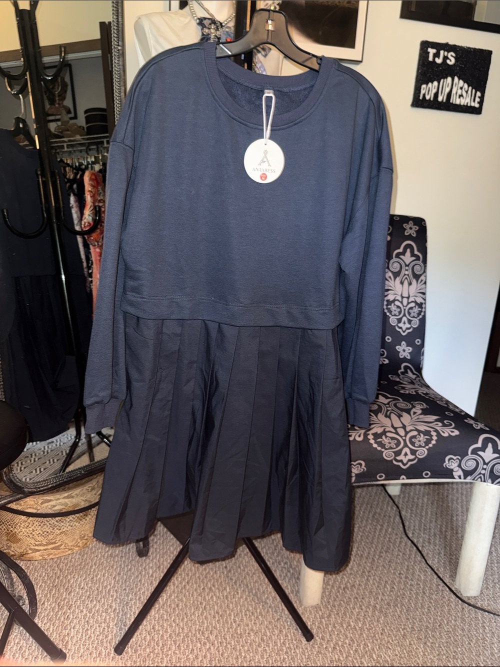A New Day Navy Pleated Sweatshirt Dress - Casual Everyday Dress - Picture 2 of 5